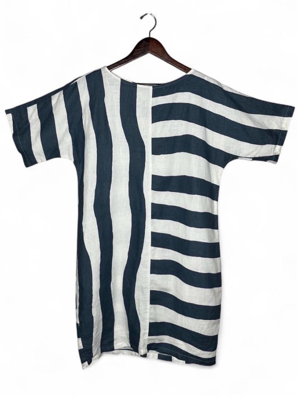Banana Blue Mixed Print Stripes Short Sleeve Relaxed Fit 100% Linen Dress